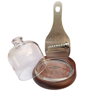 Exklusive Trüffelpräsentation mit Glasglocke & Edelstahl-Trüffelhobel – Handgefertigtes Set aus Ovankolholz (Made in Italy)