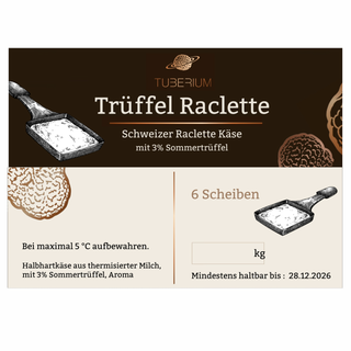 TUBERIUM Trüffel Raclette Käse – Schweizer Raclette mit 3 % Sommertrüffel, 6 Scheiben