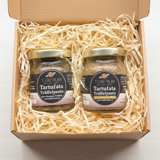 Tuberium Pasta-Duo Geschenkset mit Tartufata aus schwarzen und weissen Trüffeln, je 50 g, in einer Geschenkbox mit Holzwolle 